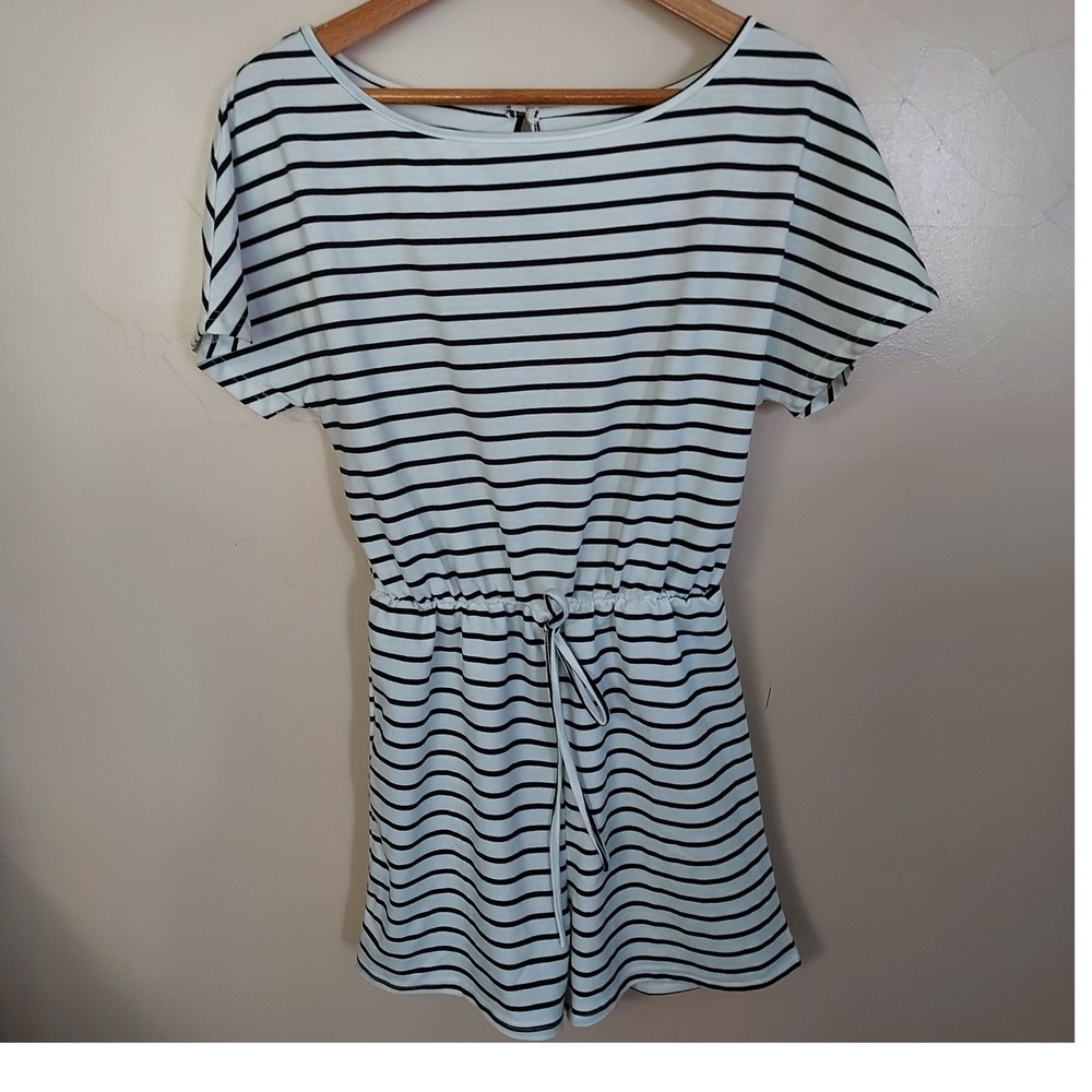 Emery Rose Nautical Striped Short Sleeve Drawstring Romper White Black Small